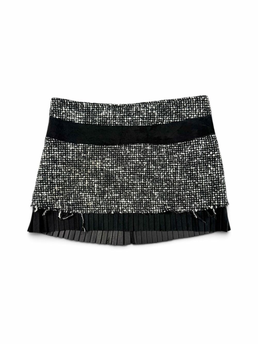 YaYa Aflalo Ya-Ya Tweed Pleated Micro Mini Skirt Black White Wool Blend Small